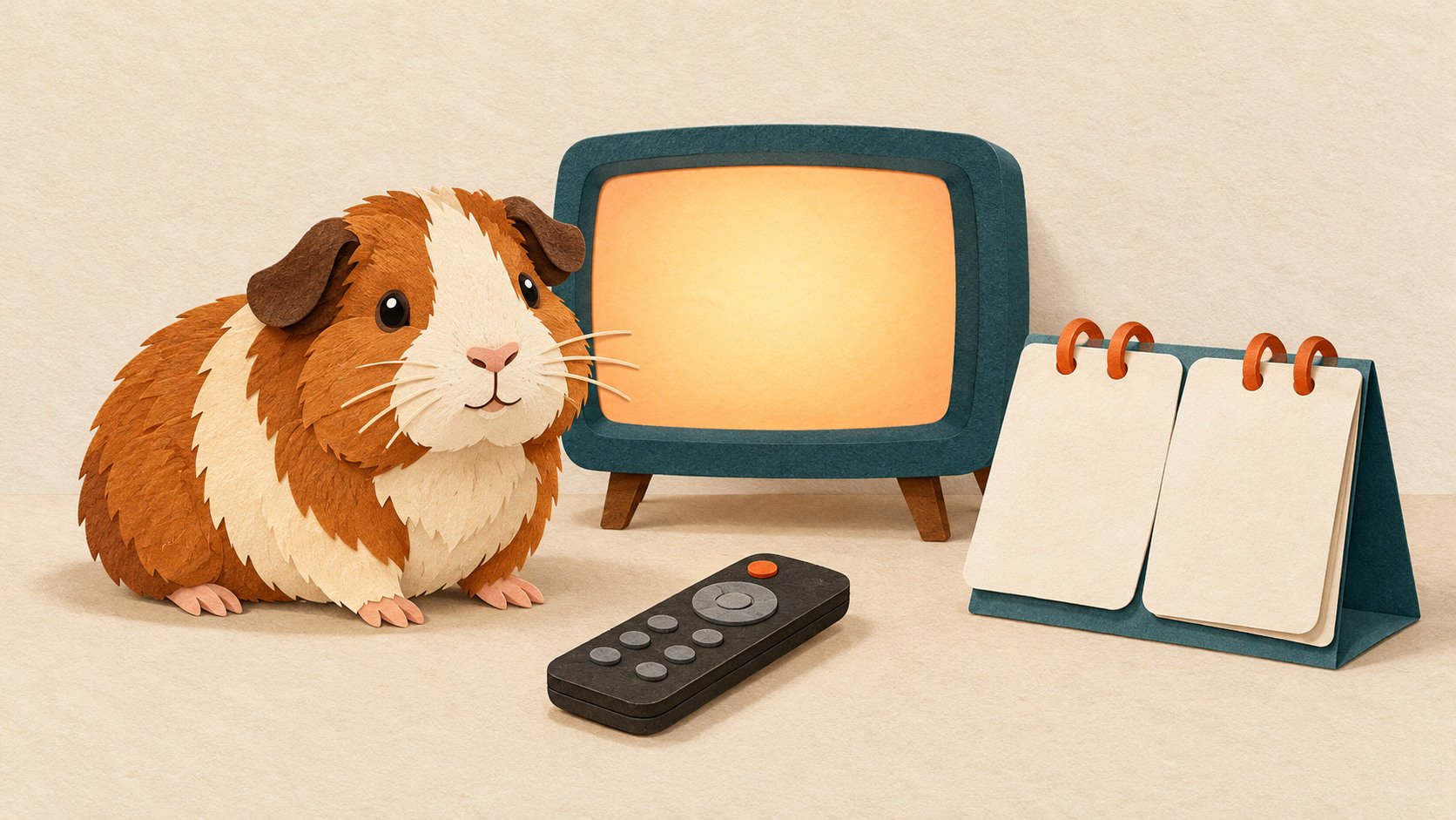 Illustration of a guinea pig beside an unbranded television, a remote control and a blank desk calendar.