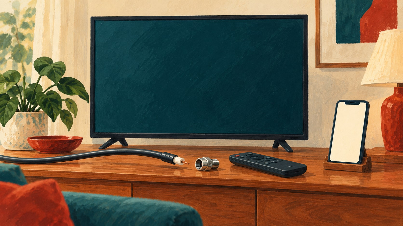 Illustration eines Fernsehers und Smartphones mit leeren Bildschirmen sowie eines gelösten TV-Kabels und einer Fernbedienung auf einem Holzmöbel.