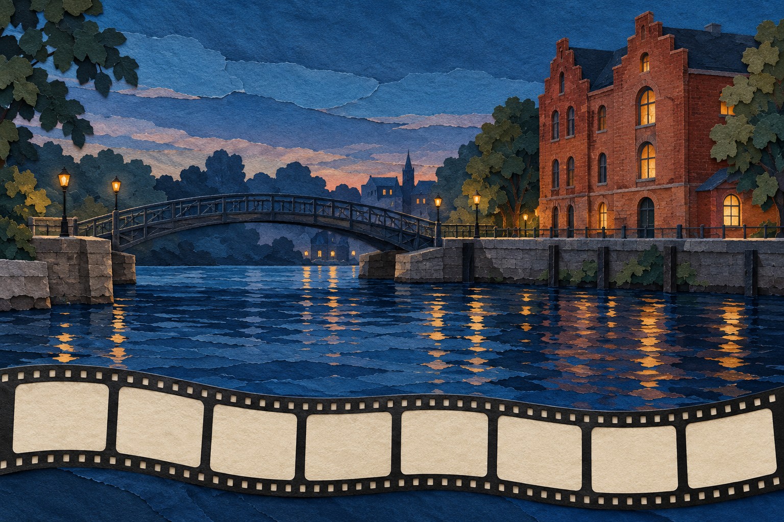 Papiercollage einer erfundenen Uferlandschaft mit Backsteingebäude, Brücke und leeren Filmrahmen.