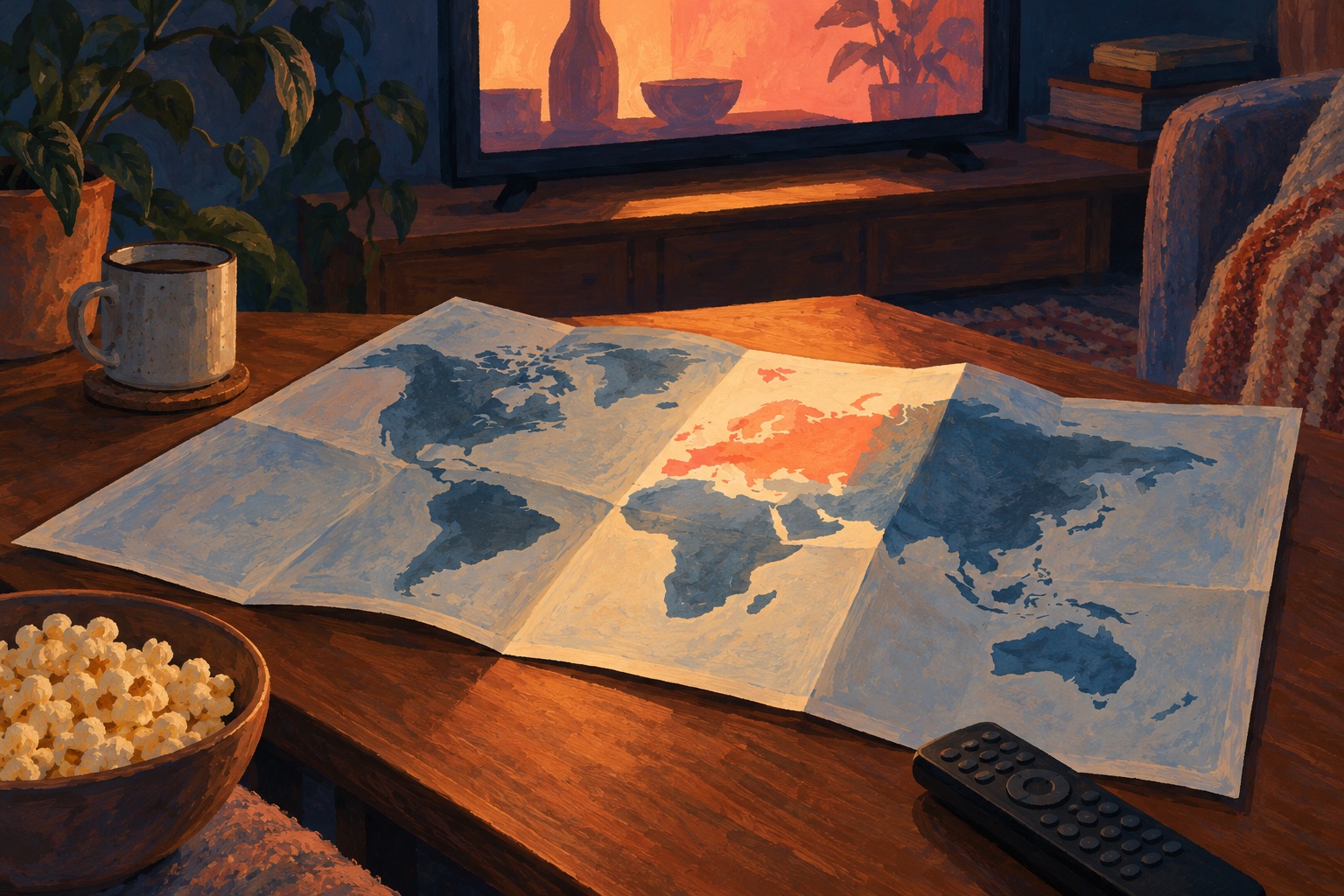 Painted illustration of a folded world map and remote control in front of a television.