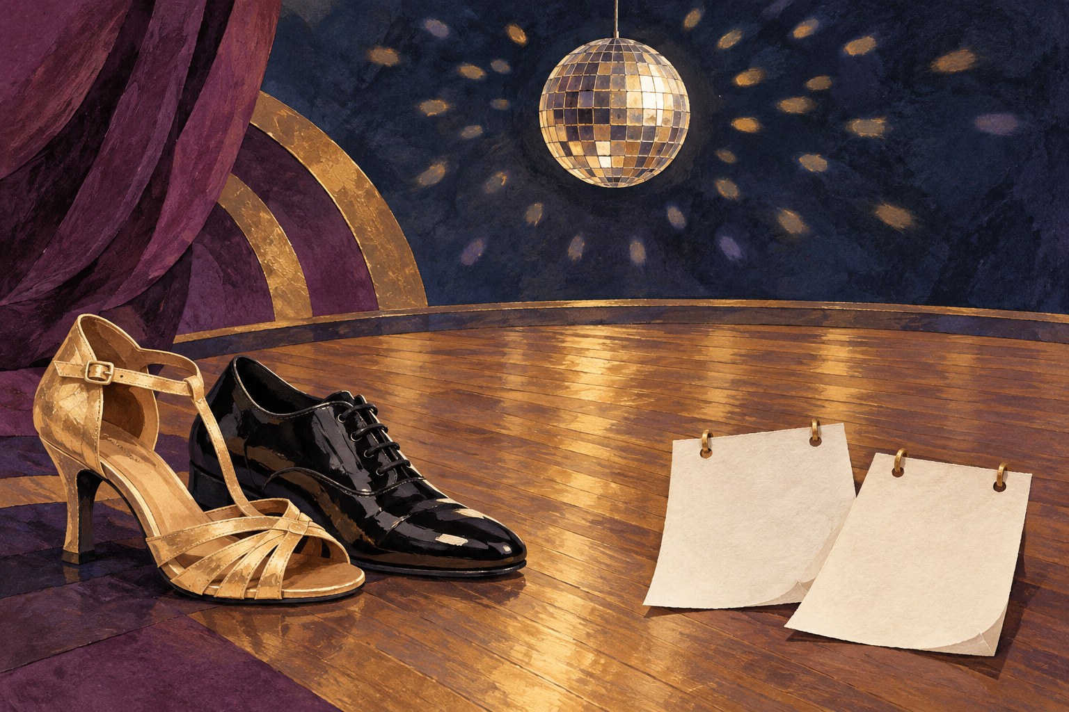 Gouache-style illustration of ballroom shoes, a mirror ball and two blank calendar leaves on a wooden dance floor.