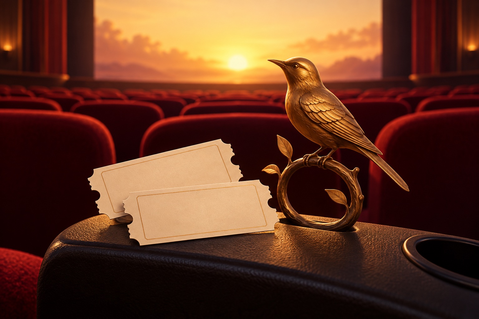 Illustration of blank cinema tickets and a bronze songbird beside empty red theater seats and a sunrise on the screen.