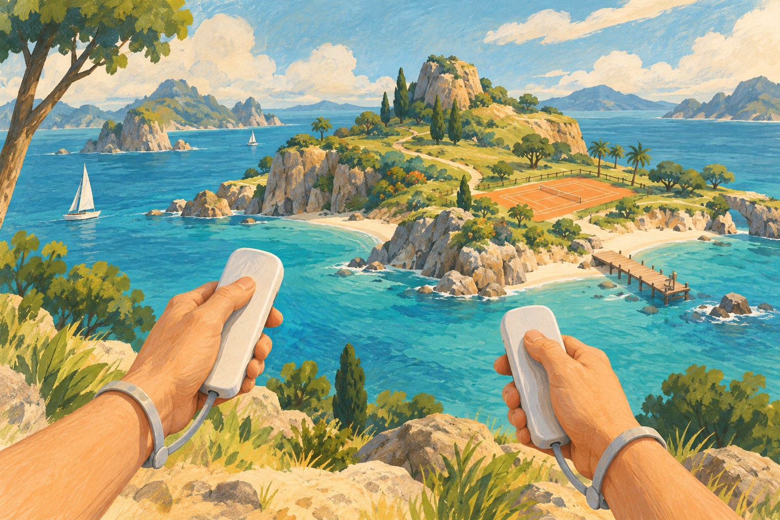 Painted illustration of hands holding unbranded motion controllers with wrist straps above an imaginary island and tennis court.
