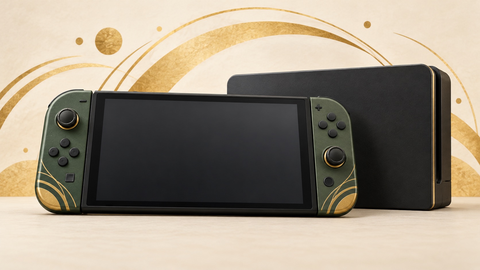 Symbolische Illustration einer Handheld-Konsole mit leerem Bildschirm, grünen Bedienelementen und goldenen Akzenten neben einer dunklen Station.