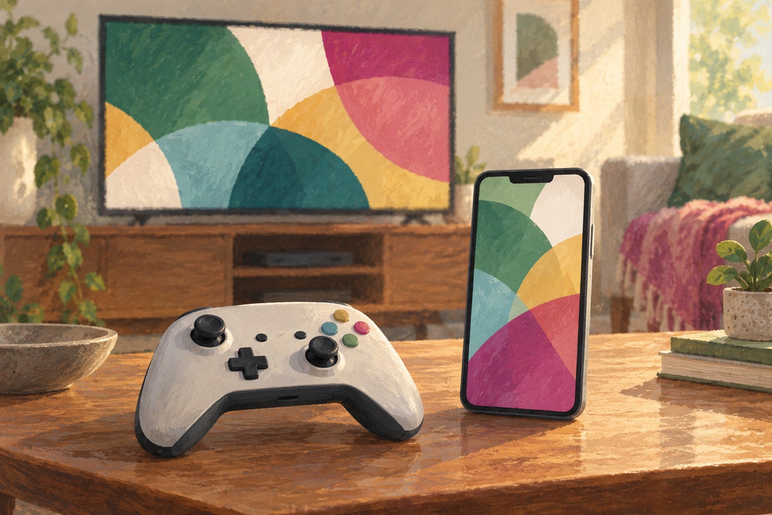 Illustration of a game controller and smartphone on a table, with abstract colored shapes on the phone and television screens.