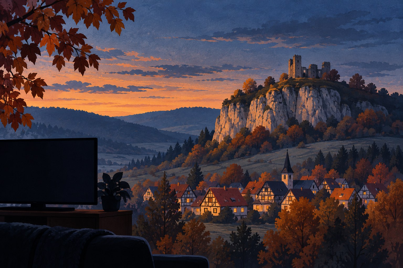 Illustration eines Fernsehers vor einer herbstlichen Hügellandschaft mit Fachwerkhäusern in der Abenddämmerung.