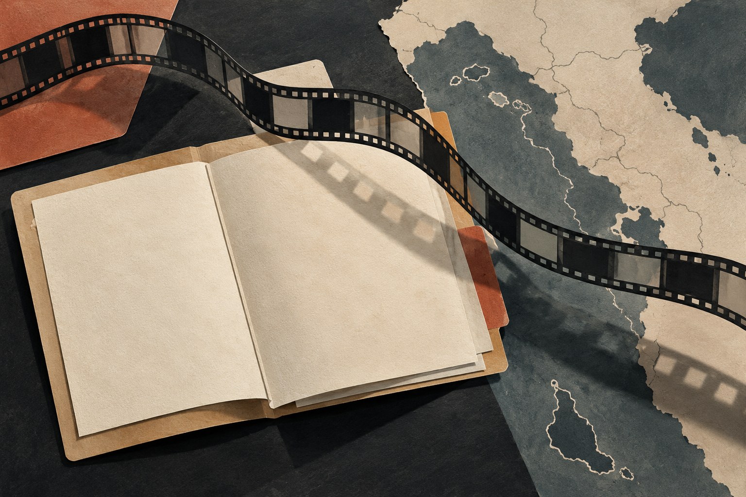 Papiercollage mit einer offenen, unbeschrifteten Mappe, einem Filmstreifen und einer erfundenen Küstenkarte.