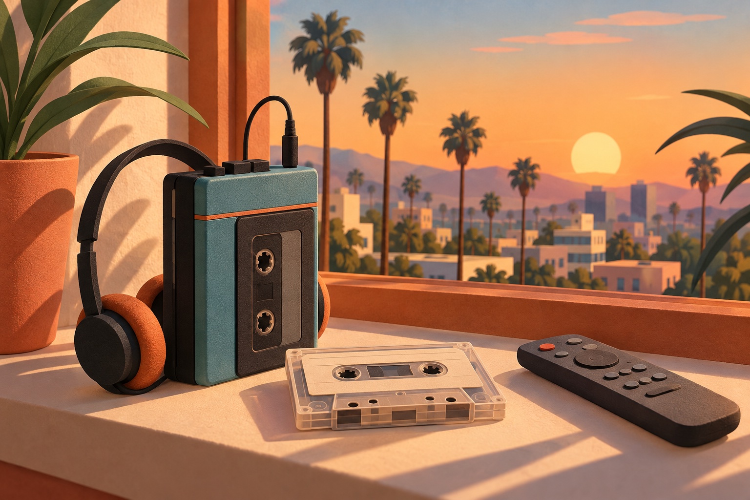 Illustration of a cassette player, headphones, a blank tape and a television remote beside a window overlooking palm trees.