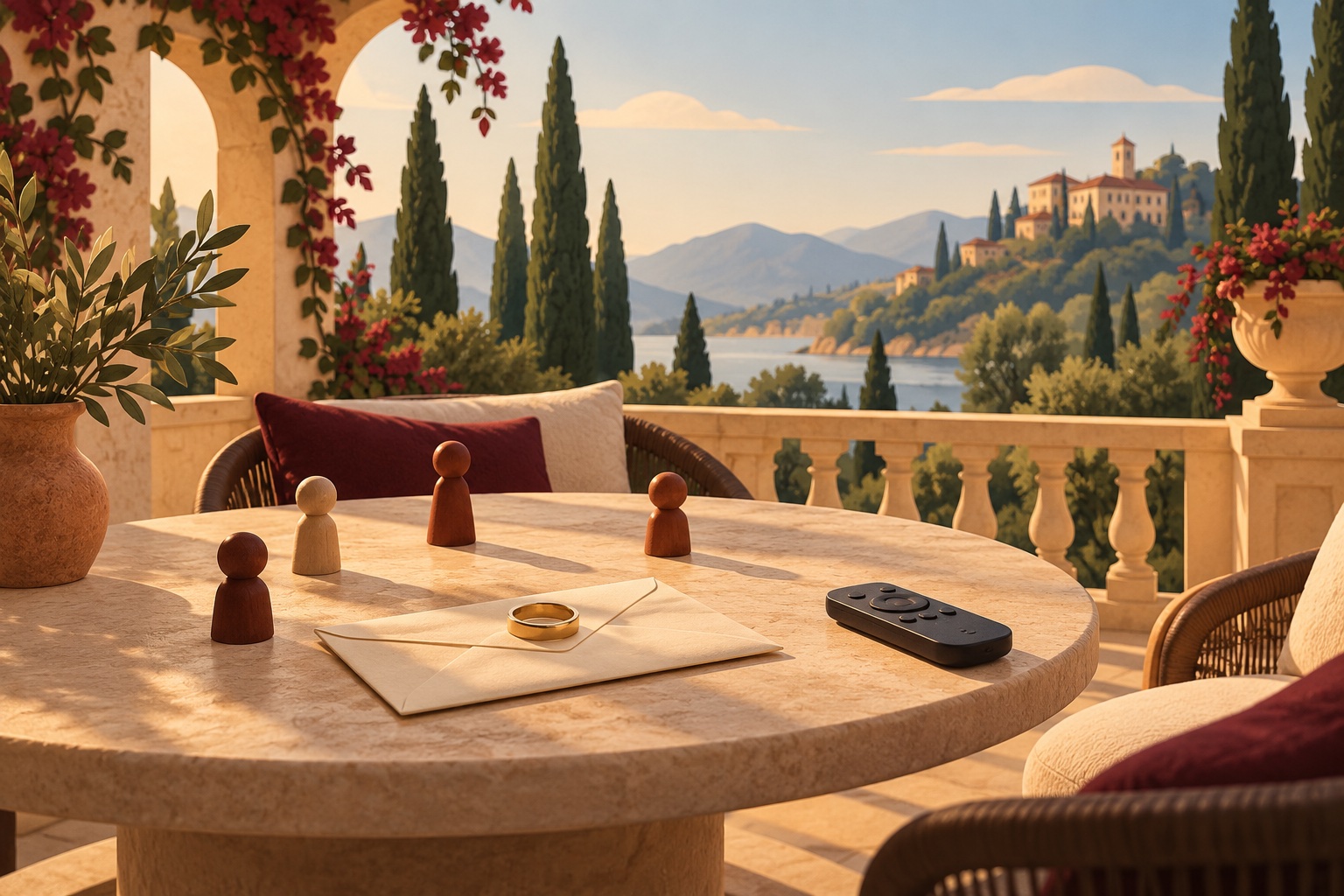Illustration of wooden game pieces, a ring on a blank envelope and a remote on an Italian villa terrace.