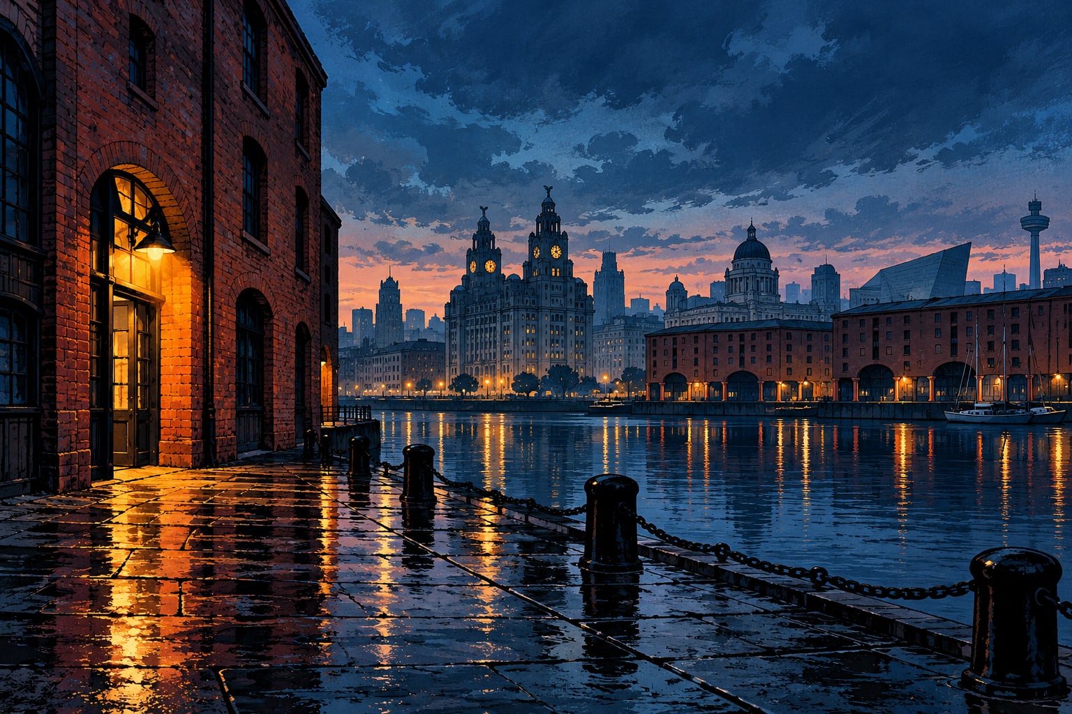 Ink and paint illustration of a Liverpool-inspired waterfront at dusk with brick warehouses and reflected lights.