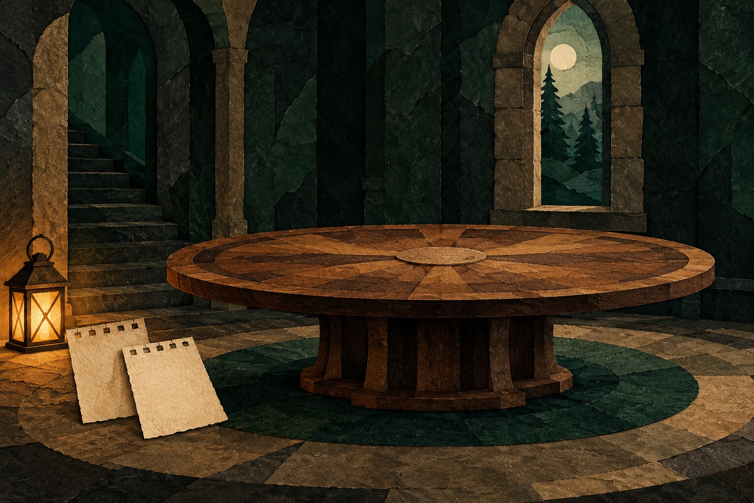 Paper-collage illustration of an empty round table, lantern and two blank calendar leaves in an invented stone room.