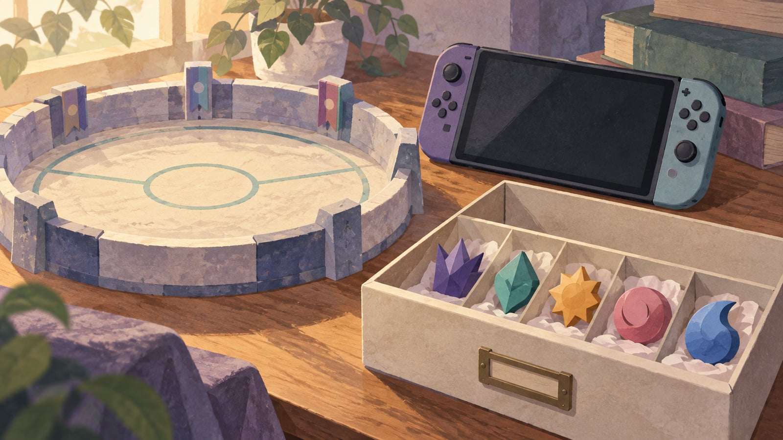 Illustration of an empty game arena, a handheld console and colourful tokens in an archive drawer.