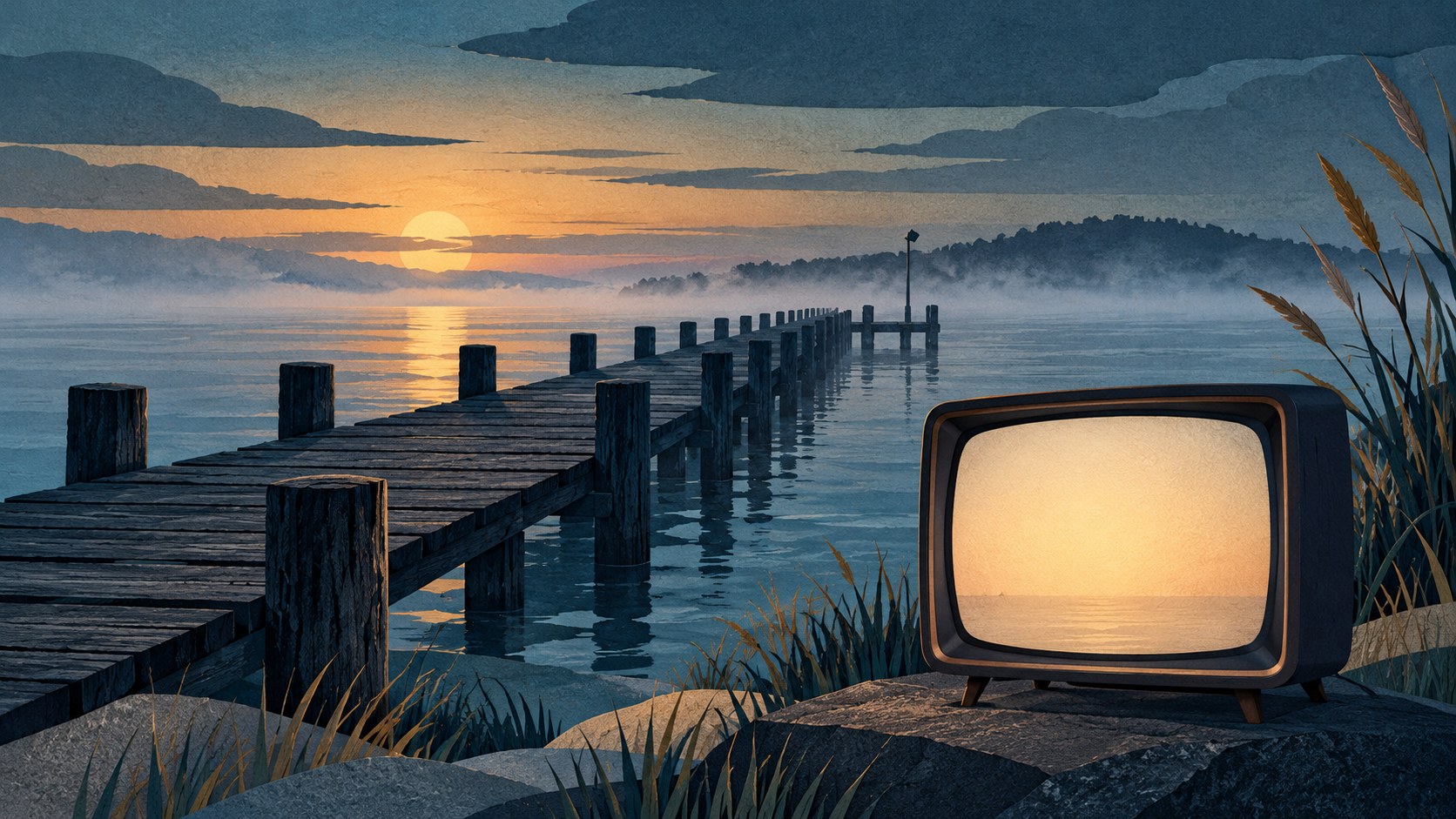 Illustration einer leeren Seebrücke im Abendnebel und eines unbeschrifteten Fernsehers am Wasser.