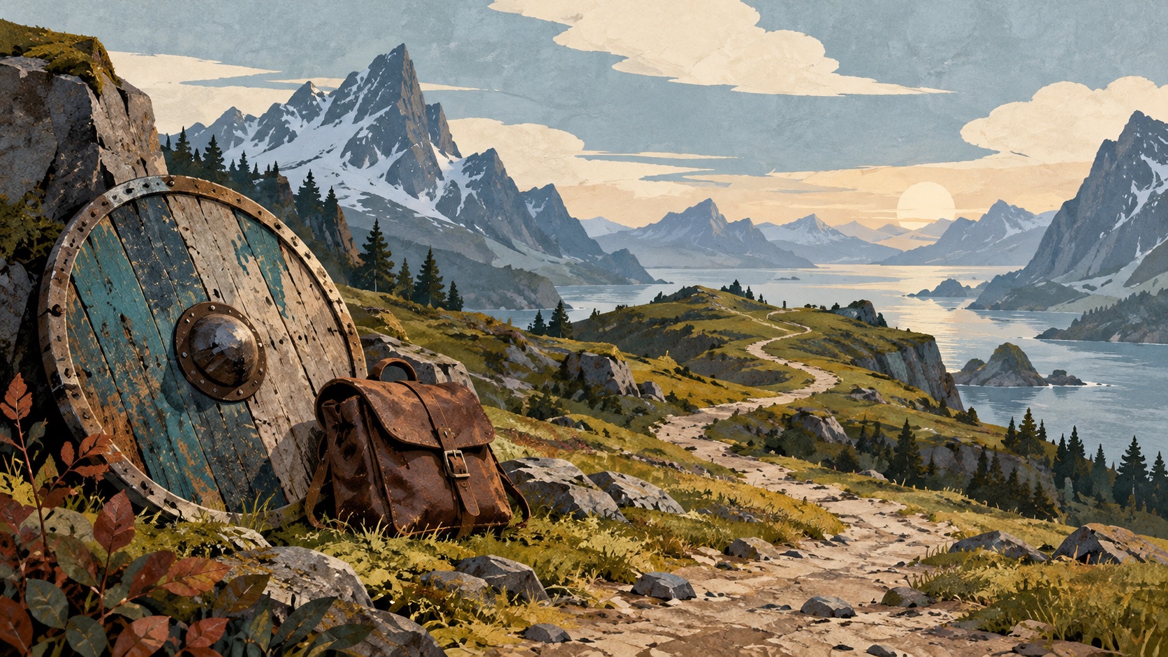 Ilustración de un escudo de madera y un zurrón junto a un sendero que recorre un paisaje de fiordos.