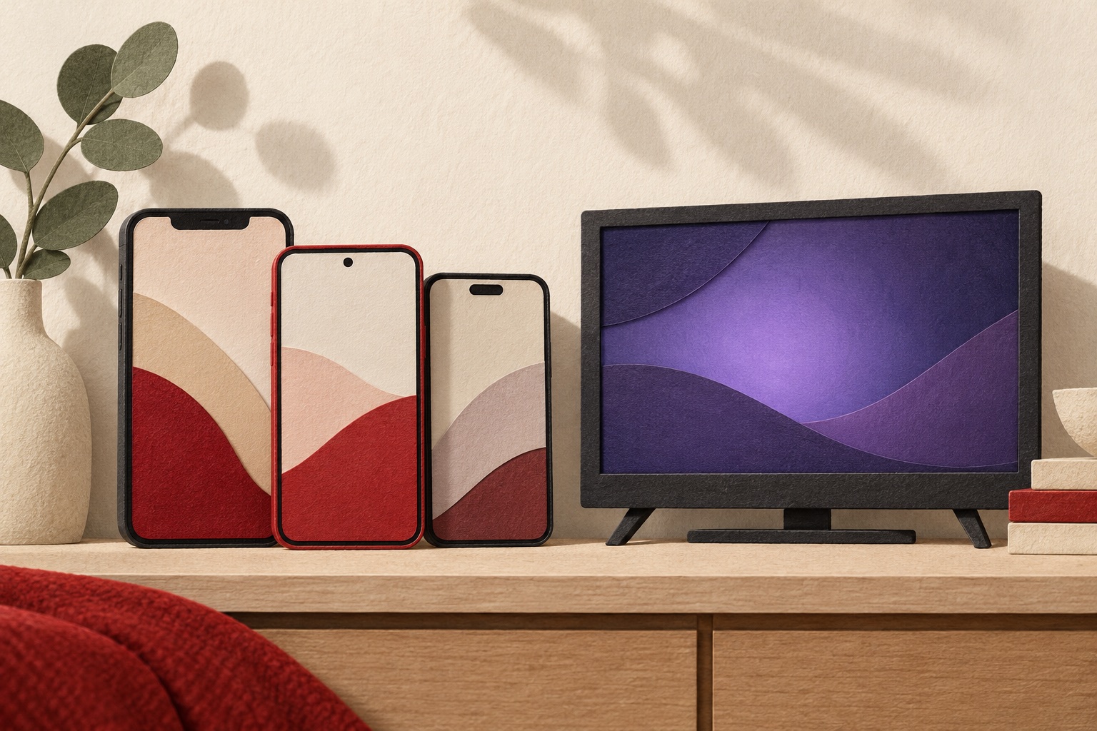 Paper-cut illustration of three plain smartphones beside a television with an abstract purple screen.