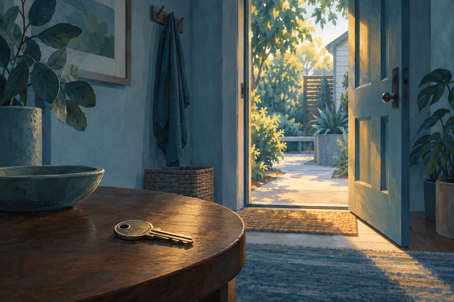 Illustration of a house key on a table beside an open blue doorway leading to a leafy courtyard.