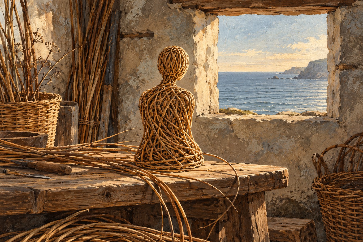 Painted illustration of an unfinished woven-willow figure on a workshop bench beside a window overlooking the sea.