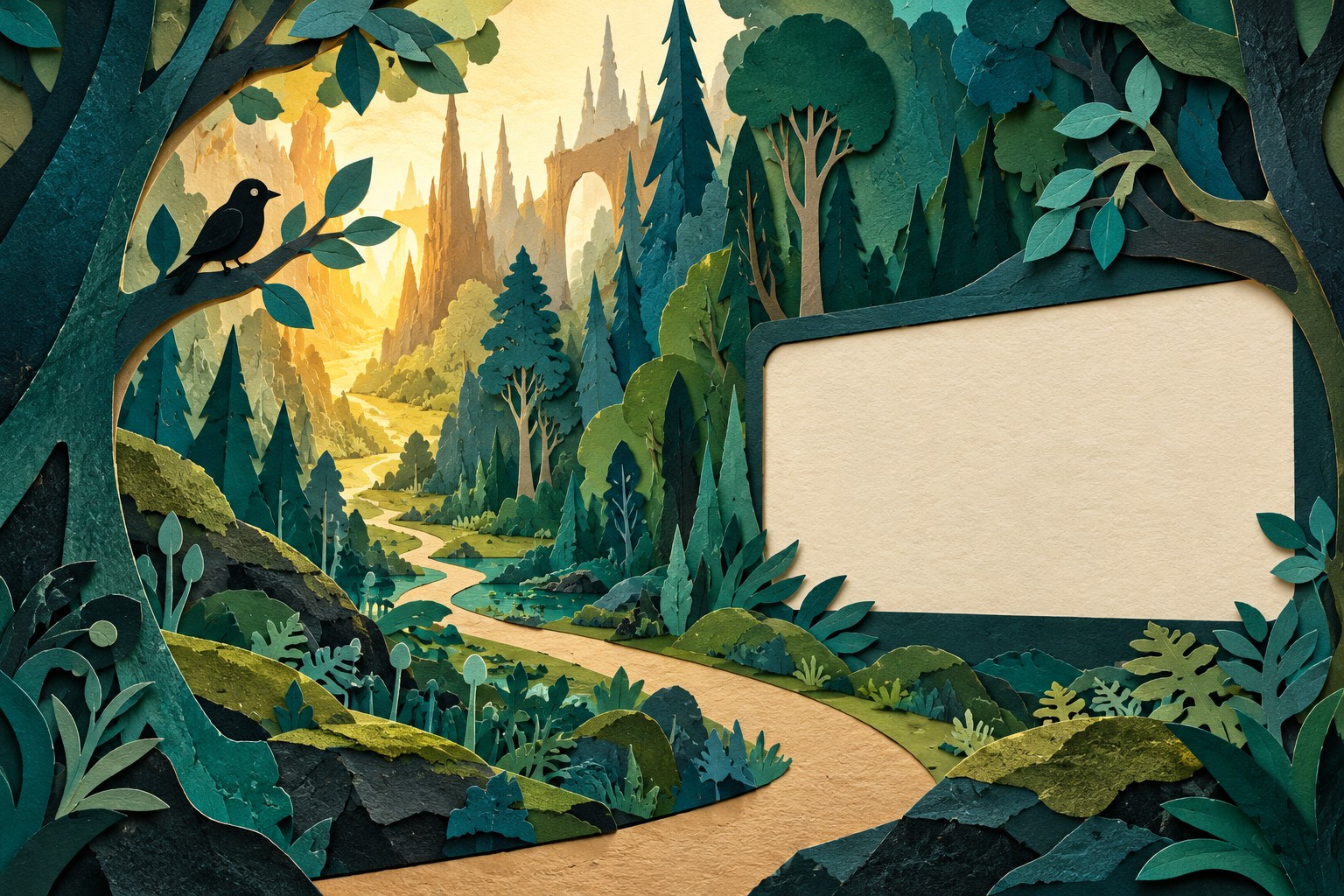 Paper-collage illustration of an invented forest path, a black bird and a blank cinema screen among layered trees.