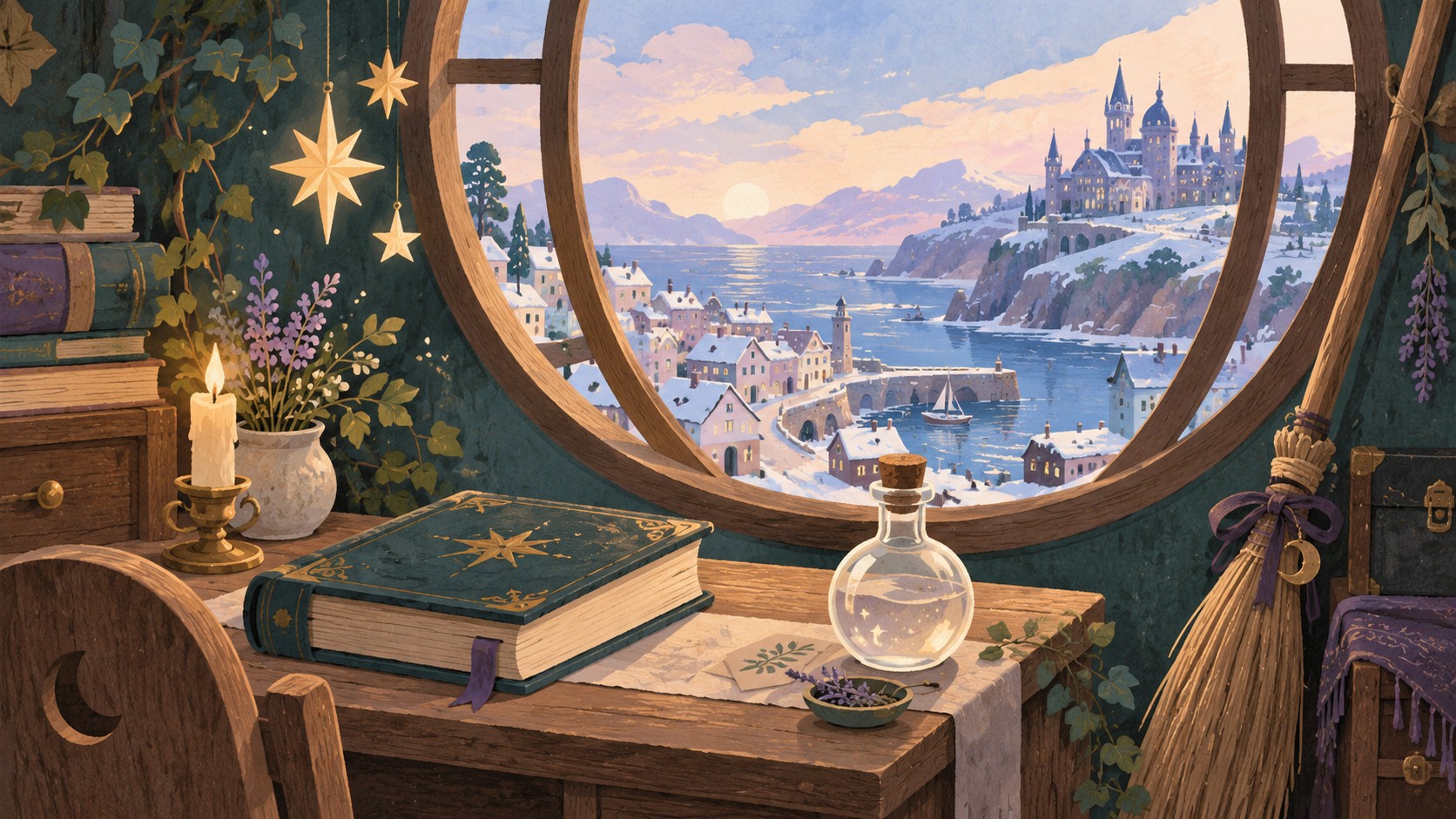 Illustration of a spellbook, potion bottle and broom beside a round window overlooking an imagined snowy seaside town and school.