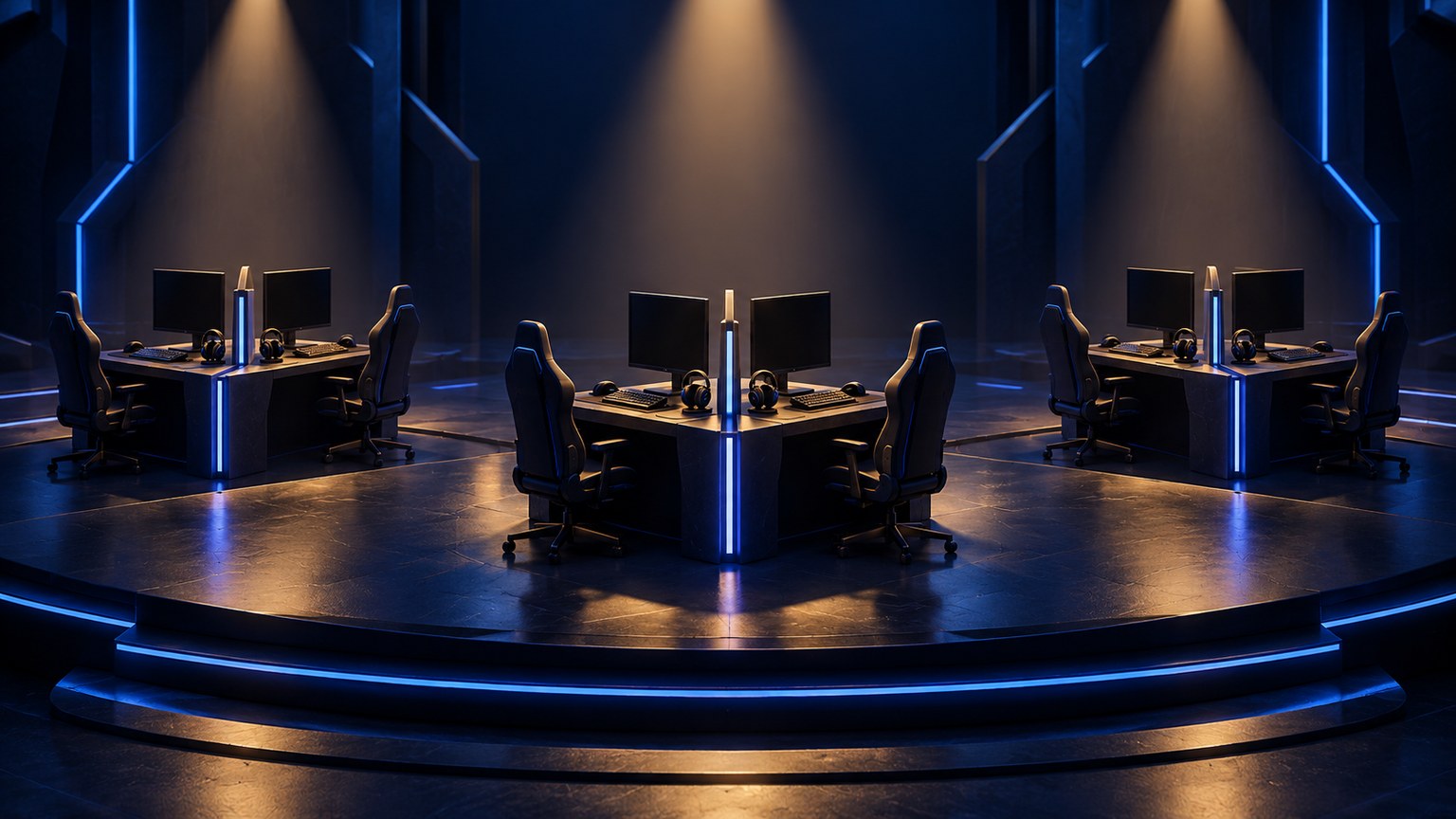 Conceptual illustration of six empty gaming stations arranged in three opposing pairs on a blue-lit miniature arena stage.