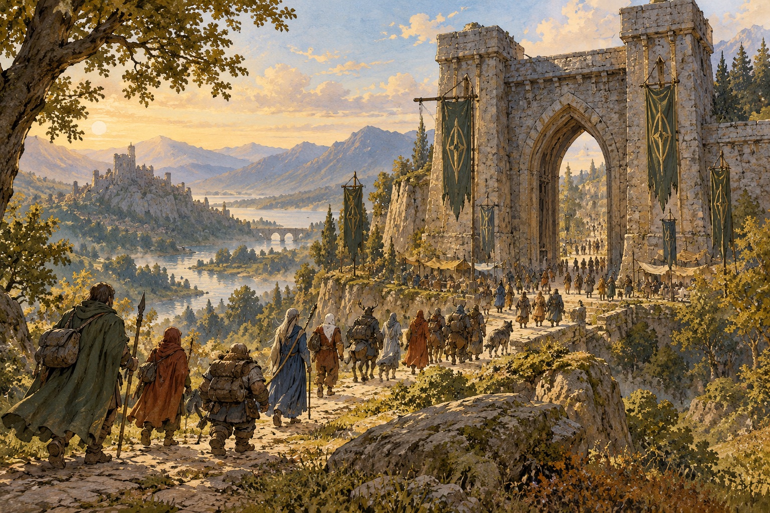 Gouache-style illustration of fantasy travelers approaching an original stone gateway.