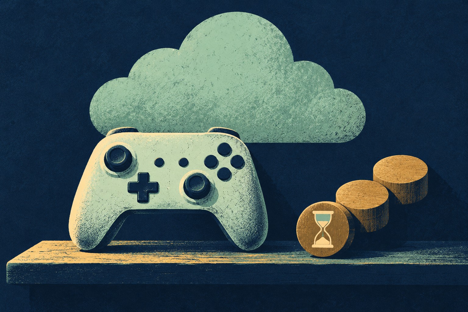 Screen-print illustration of a generic game controller under a cloud beside three unlabelled time tokens.