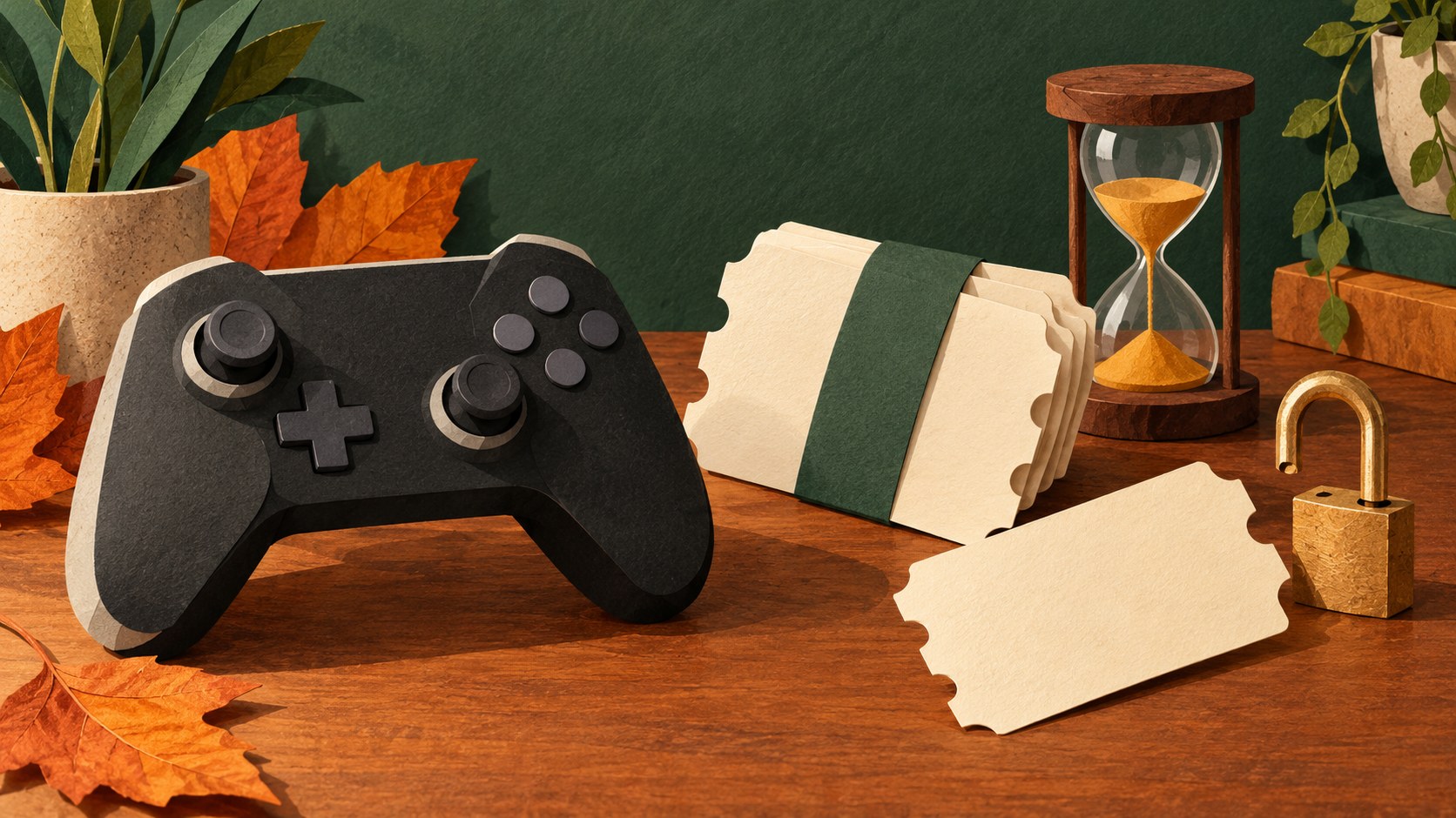Paper-cut illustration of a game controller beside blank tickets, an open padlock and an hourglass on an autumn desk.