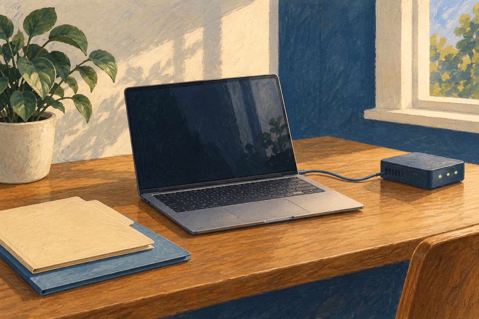 Illustration of a laptop with a blank screen connected to a small network box, beside two document folders on a wooden desk.