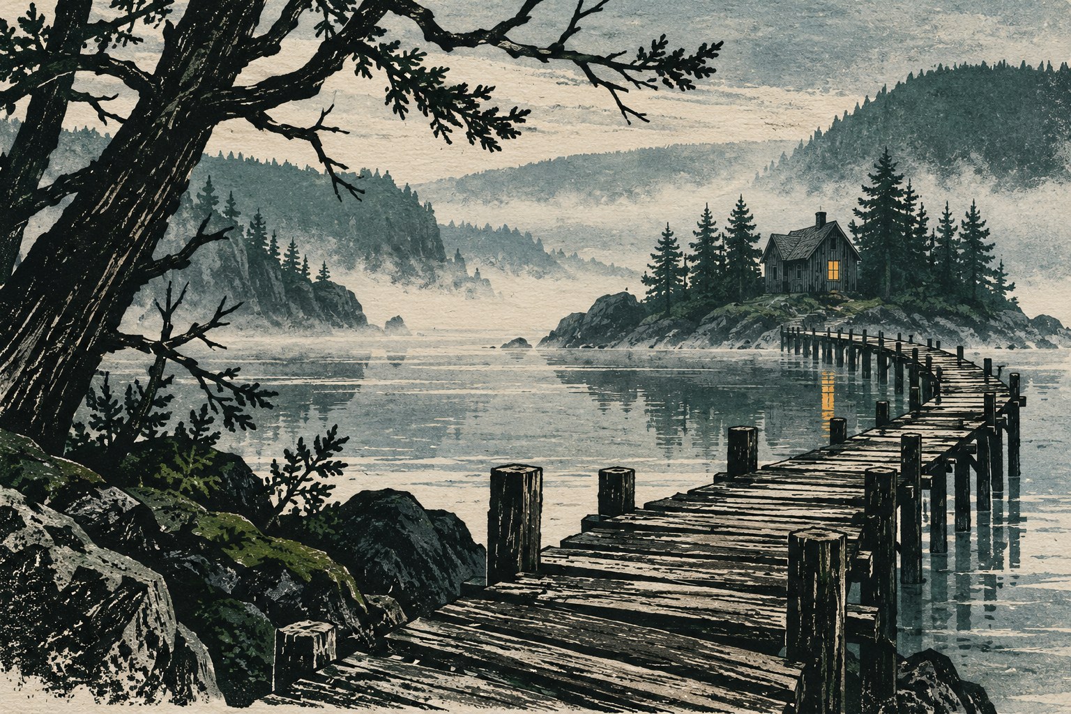 Linocut-style illustration of a wooden pier leading across a misty coastal inlet to a small house with a lit window.