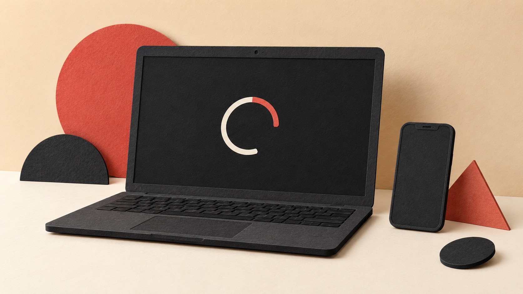 Paper-cut illustration of a laptop with an incomplete loading ring beside a phone with a blank screen.