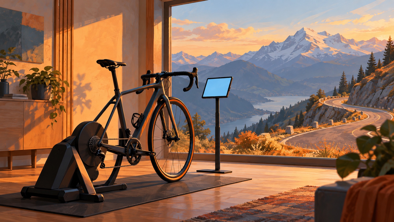 Illustration eines Fahrrads auf einem Indoor-Trainer neben einem Tablet und einem Fenster mit Blick auf eine Bergstraße.